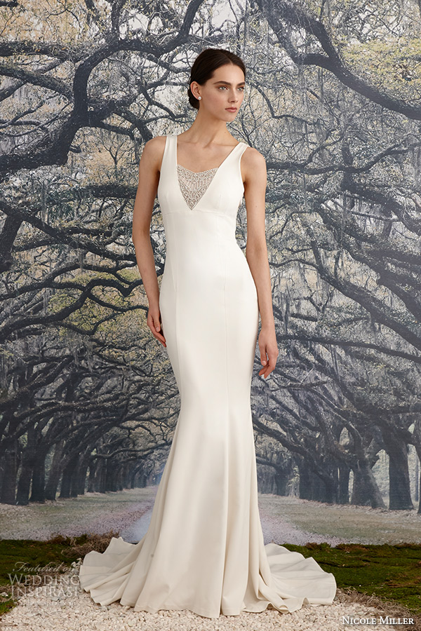 nicole miller spring 2016 bridal strap v neckline beaded corded lace sheath wedding dress jules