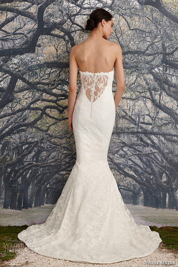 nicole miller spring 2016 bridal strapless sweetheart neckline lace fit to flare mermaid wedding dress madison back