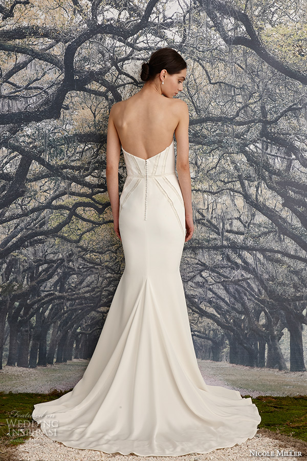 nicole miller spring 2016 bridal strapless sweetheart neckline stretch crepe de chine sheath wedding dress blythe back