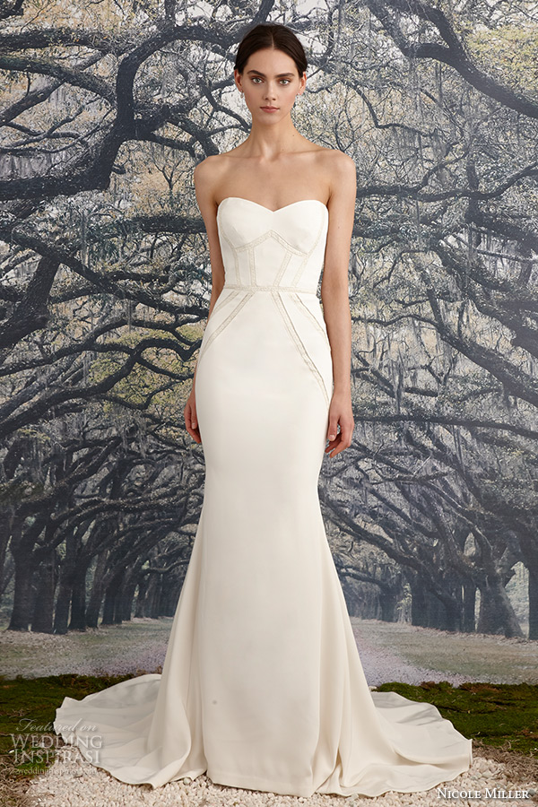 nicole miller spring 2016 bridal strapless sweetheart neckline stretch crepe de chine sheath wedding dress blythe