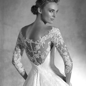 pronovias atelier 2016 haute couture ionela mikado silk lace a line wedding dress three quarter sleeves back view