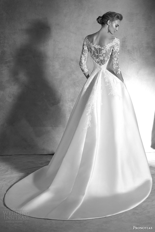 pronovias atelier 2016 haute couture ionela mikado silk lace a line wedding dress three quarter sleeves back view train
