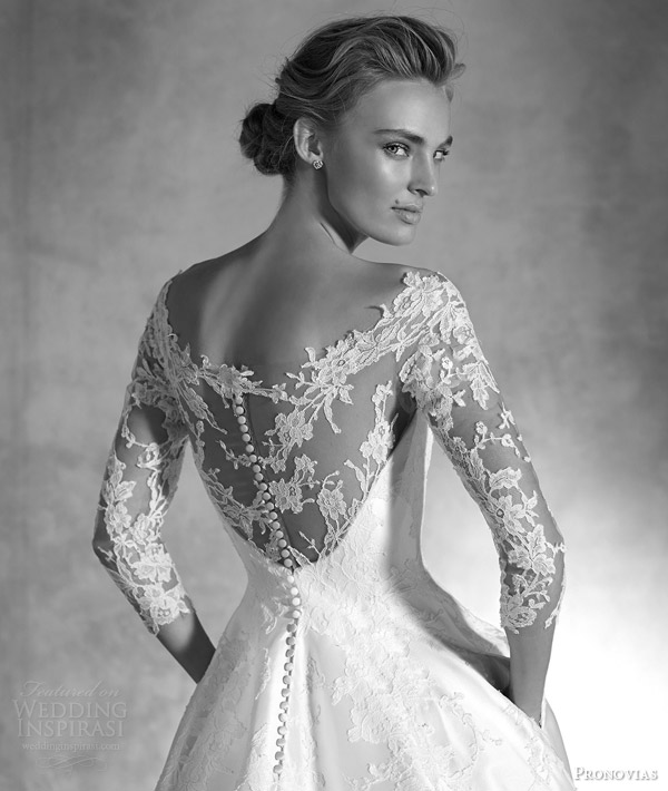 pronovias atelier 2016 haute couture ionela mikado silk lace a line wedding dress three quarter sleeves back view