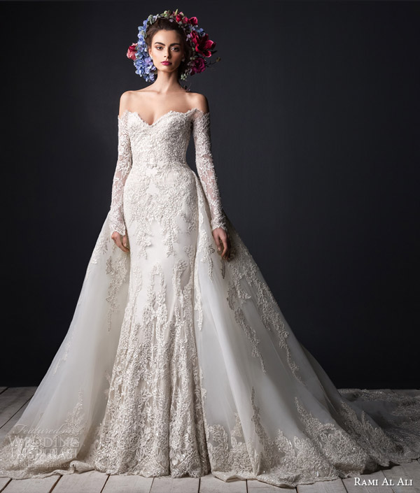 rami al ali bridal 2015 off shoulder lace wedding dress long sleeves ball gown overskirt train