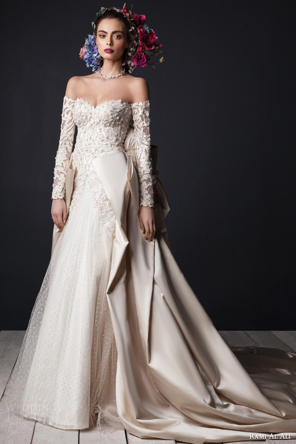 rami al ali bridal 2015 off shoulder long sleeve wedding dress draped bow train
