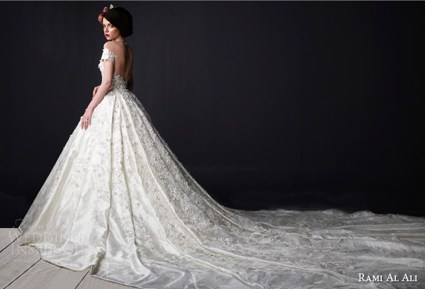 rami al ali bridal 2015 off shoulder short sleeve ball gown wedding dress applique back view long trainn