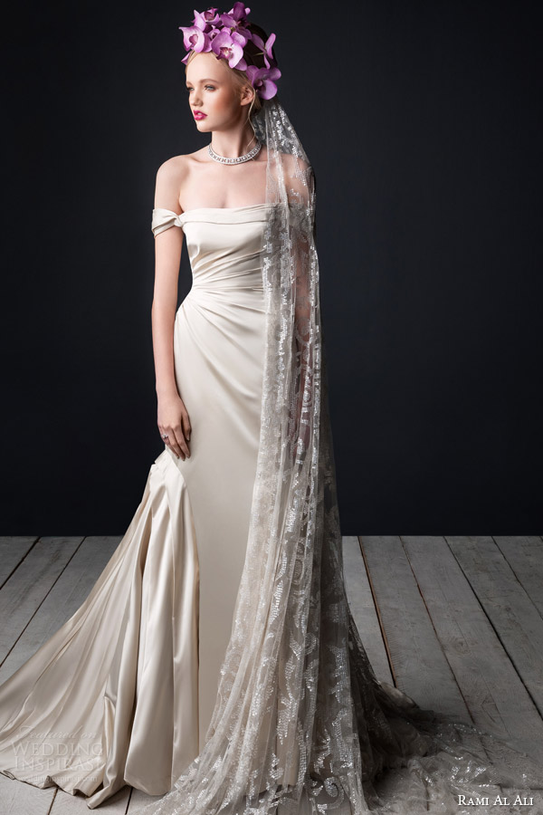 rami al ali bridal 2015 off shoulder strap side draped column gown tiered train