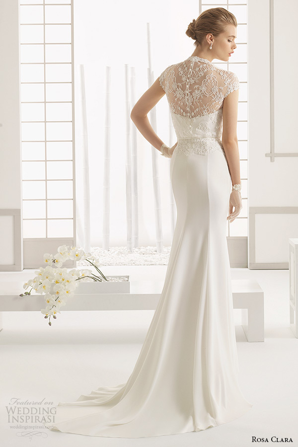 rosa clara 2016 bridal collection high neck lace short sleeves white sheath wedding dress dafne back