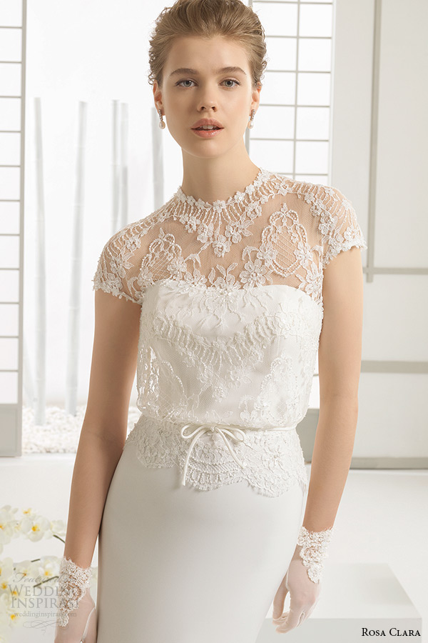 rosa clara 2016 bridal collection high neck lace short sleeves white sheath wedding dress dafne zoom