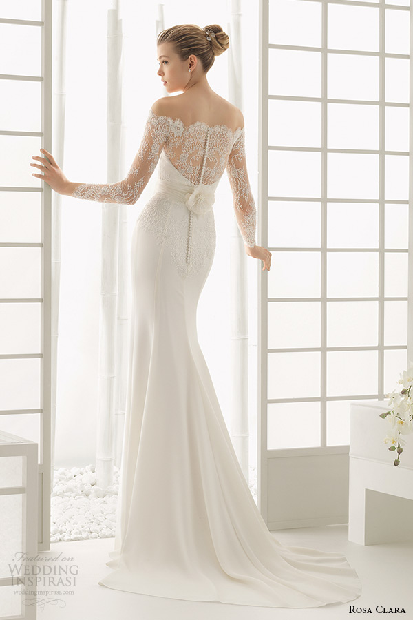 rosa clara 2016 bridal collection off the shoulder long sleeves white sheath wedding dress back view dado