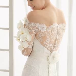 rosa clara 2016 bridal collection off the shoulder long sleeves white sheath wedding dress back view zoom dado