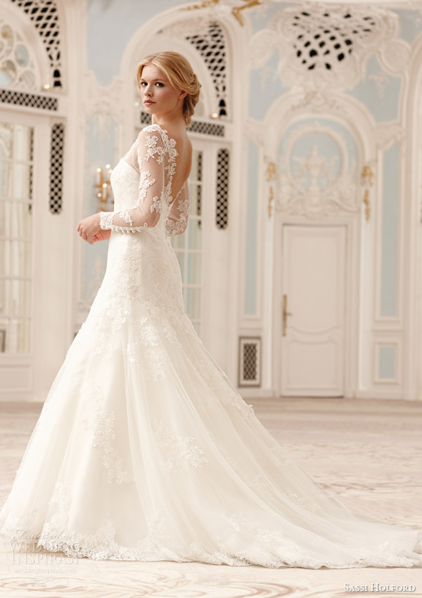 sassi holford catriona christina illusion neckline long sleeve wedding dress 2015 couture collection side view train