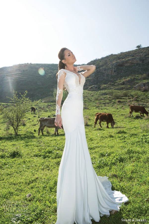 shabi and israel bridal 2015 illusion long sleeve sheath wedding dress plunging deep v neckline