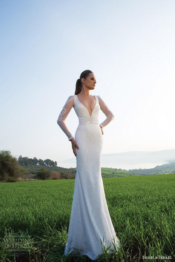 shabi and israel bridal 2015 illusion long sleeve wedding dress plunging deep v neckline