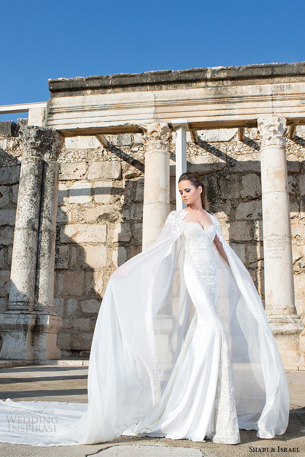 shabi and israel wedding dress 2015 strapless long cape mermaid bridal gown