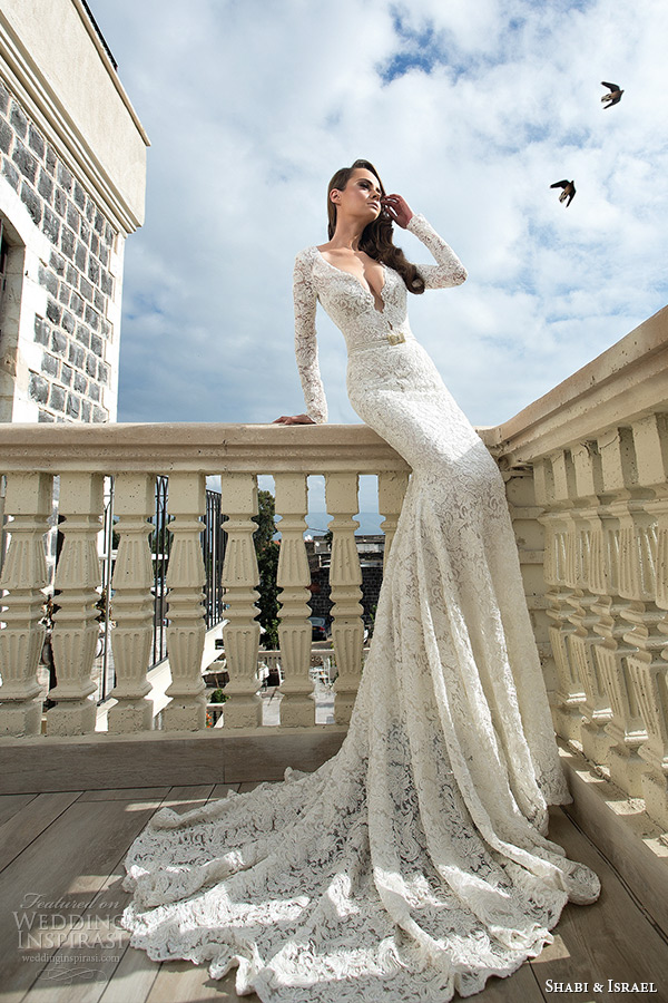 shabi and israel wedding dresses 2015 deep v neck lace long sleeves white sheath dress bridal gown