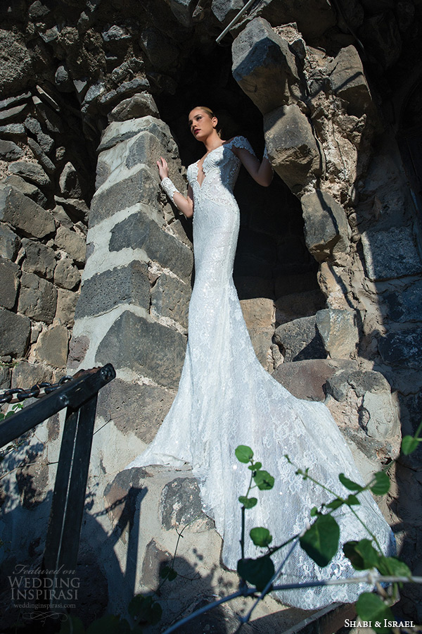 shabi and israel wedding dresses 2015 long sleeves deep v neck lace bodice sheath white wedding dress full view