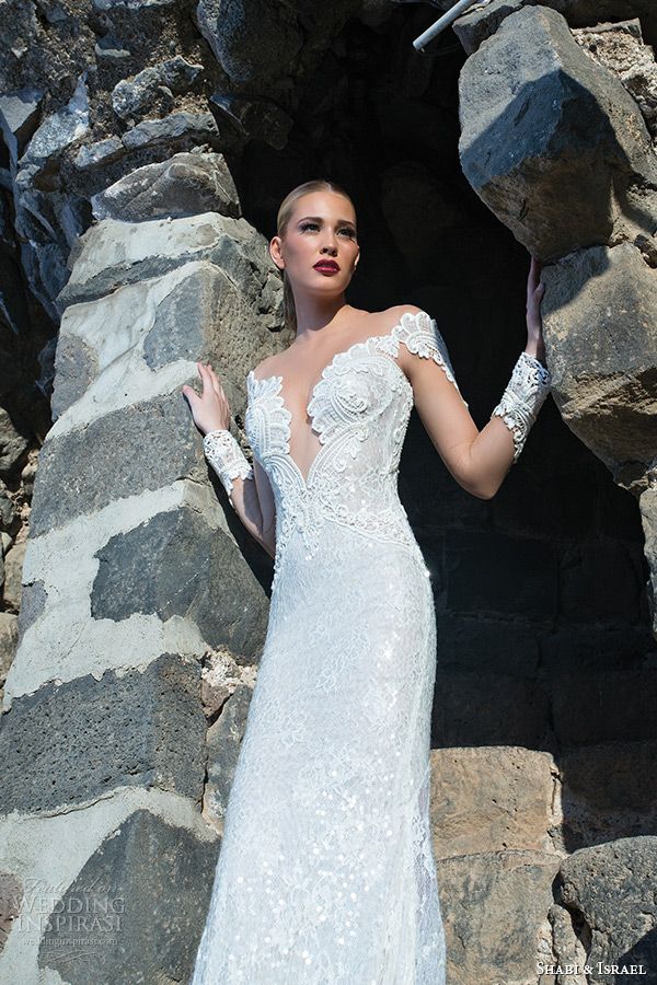 shabi and israel wedding dresses 2015 long sleeves deep v neck lace bodice sheath white wedding dress