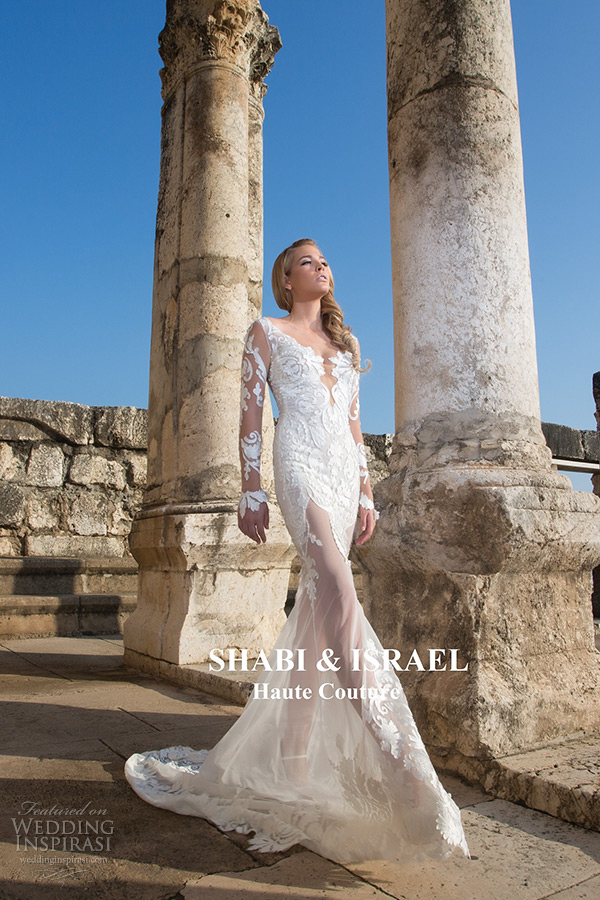 shabi and israel wedding dresses 2015 long sleeves lace deep v neckline sheath white dress low cut bridal gown