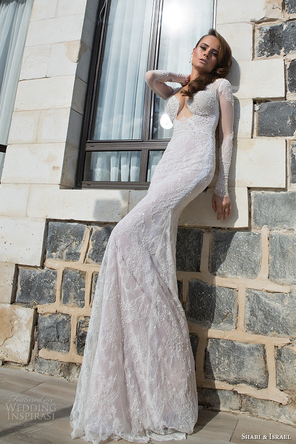 shabi and israel wedding dresses 2015 plunging neckline long sleeves white sheath bridal gown