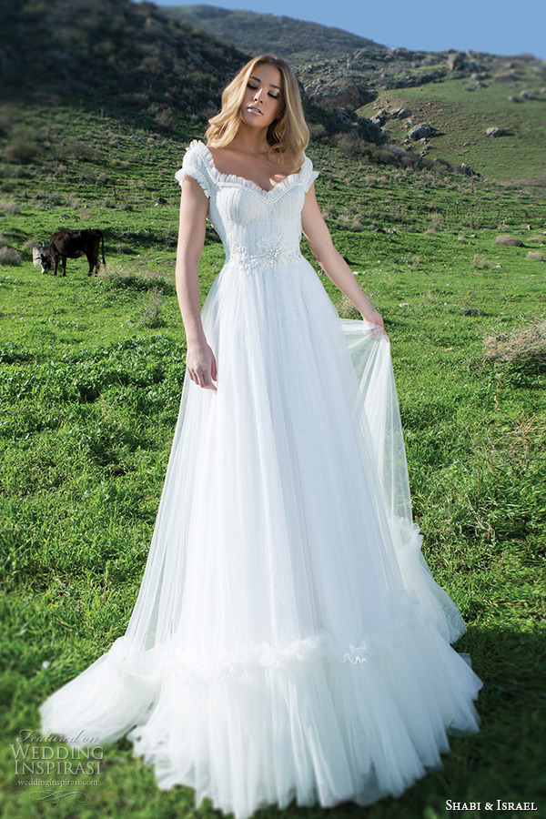shabi and israel wedding dresses 2015 ruffle neckline cap sleeves romantic a line wedding dress bridal gown