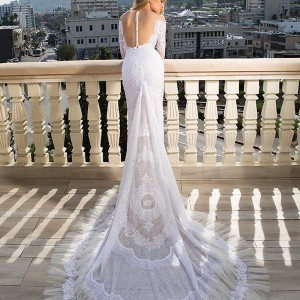 shabi and israel wedding dresses 2015 sheer low cut back with buttons long sleeves chapel train white dress bridal gown
