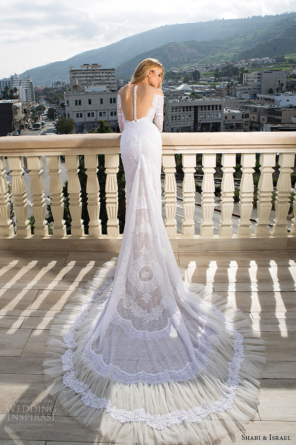 shabi and israel wedding dresses 2015 sheer low cut back with buttons long sleeves chapel train white dress bridal gown