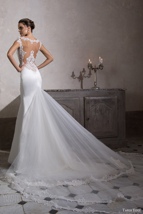 tarik ediz bridal 2015 kalsedon cap sleeve wedding dress lace neckline detail illusion back view train zoom