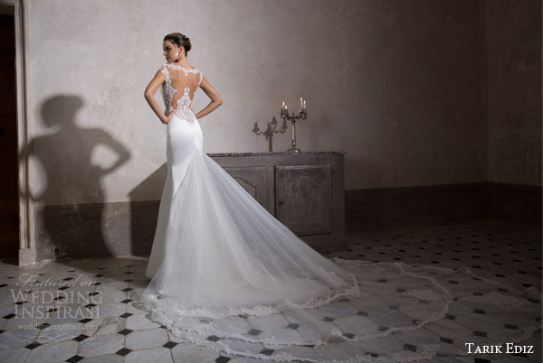 tarik ediz bridal 2015 kalsedon cap sleeve wedding dress lace neckline detail illusion back view train