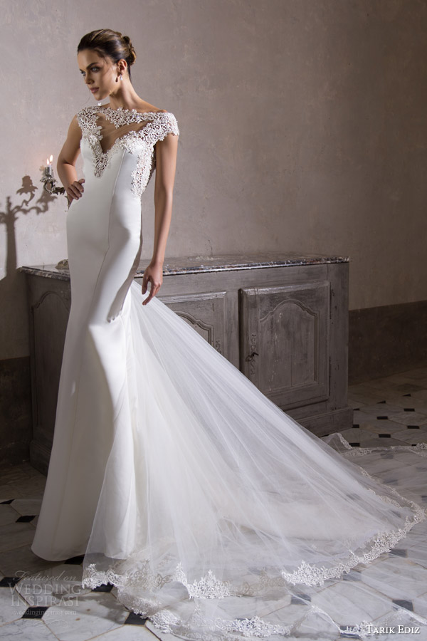 tarik ediz bridal 2015 kalsedon cap sleeve wedding dress lace neckline detail illusion train
