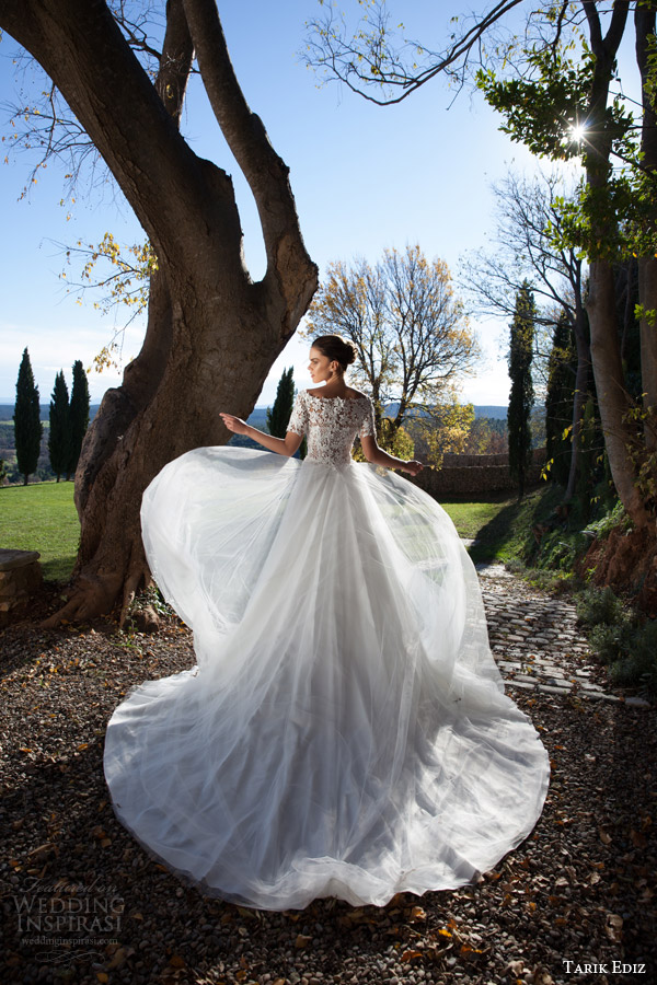 tarik ediz bridal 2015 oltu off shoulder wedding dress half sleeve lace bodice back view