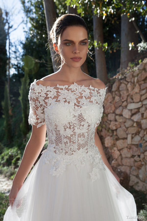 tarik ediz bridal 2015 oltu off shoulder wedding dress half sleeve lace bodice close up
