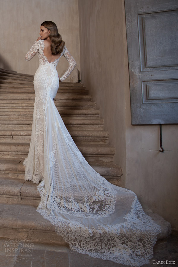 tarik ediz bridal 2015 pirlanta long sleeve wedding dress lace open back view train zoom