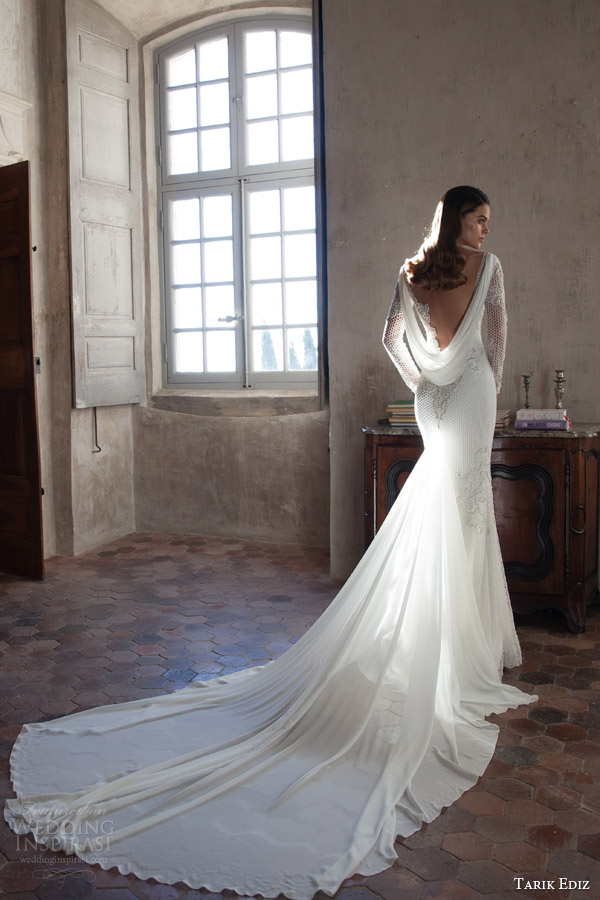 tarik ediz bridal 2015 sitrin illusion neckline long sleeve wedding dress train cowl back view full