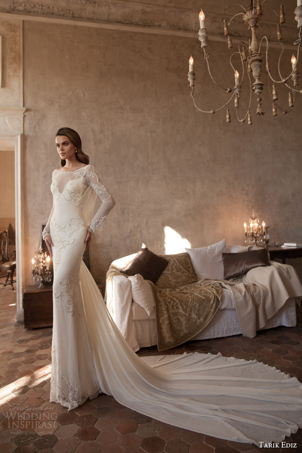 tarik ediz bridal 2015 sitrin illusion neckline long sleeve wedding dress train