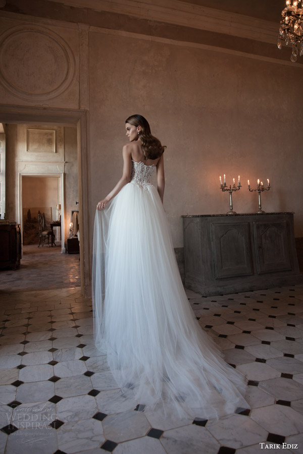 tarik ediz white 2015 beril strapless lace wedding dress sheer overskirt back train