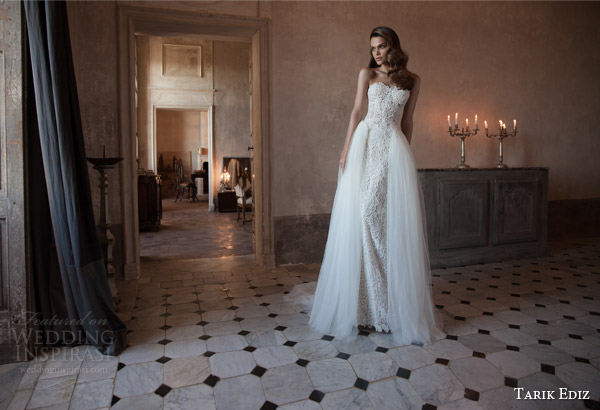 tarik ediz white 2015 beril strapless lace wedding dress sheer overskirt