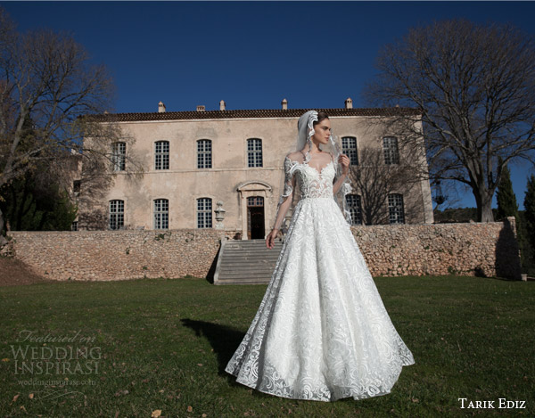 tarik ediz white 2015 elmas off shoulder half sleeve lace wedding dress full view
