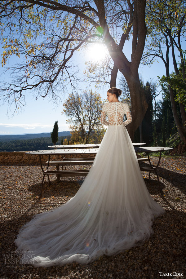 tarik ediz white 2015 garnet bateau neck long sleeve illusion bodice a line skirt back view train