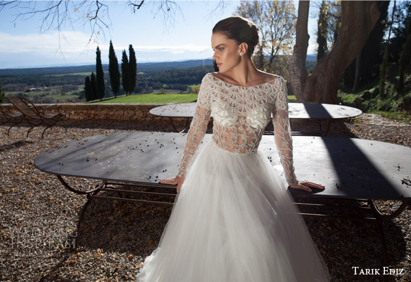 tarik ediz white 2015 garnet bateau neck long sleeve illusion bodice a line skirt close up