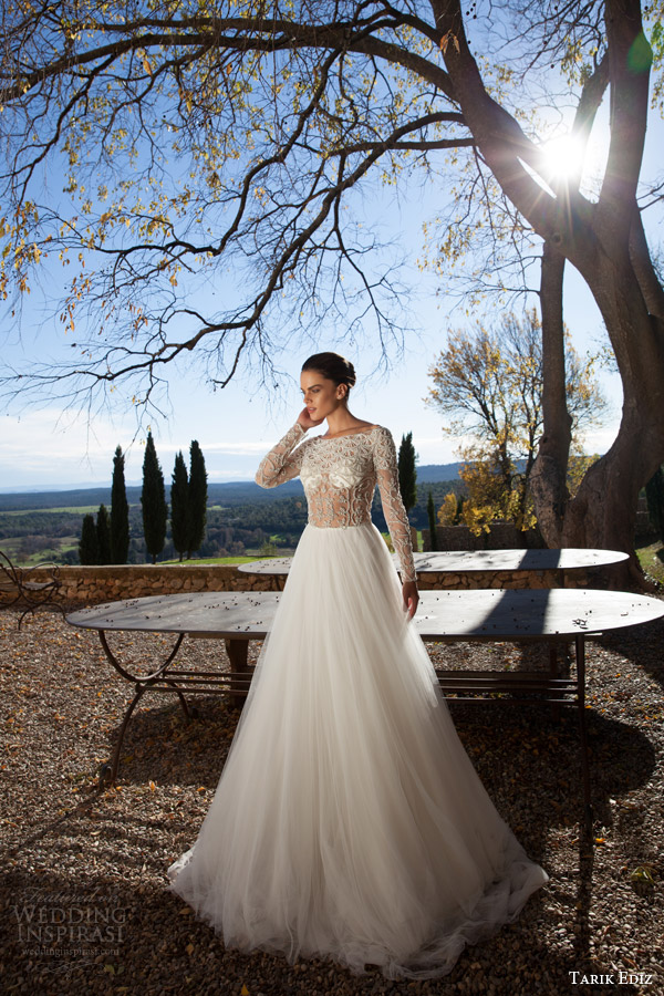 tarik ediz white 2015 garnet bateau neck long sleeve illusion bodice a line skirt full view