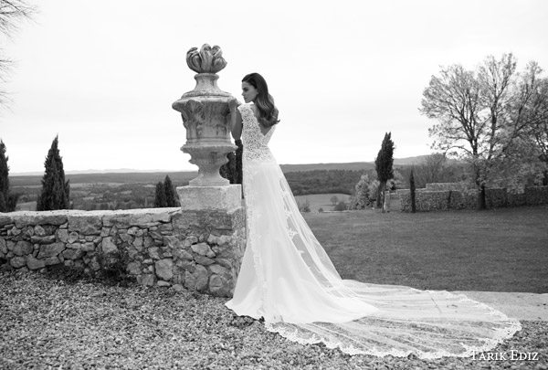 tarik ediz white 2015 jasper cap sleeve wedding dress lace line slit sheer ovelay skirt train back view