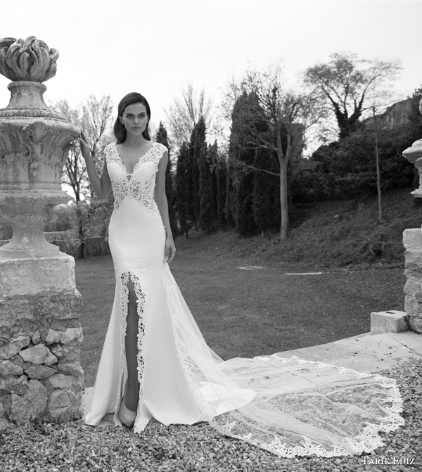 tarik ediz white 2015 jasper cap sleeve wedding dress lace line slit sheer ovelay skirt train