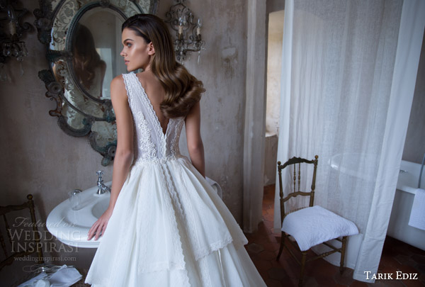 tarik ediz white 2015 safir sleeveless wedding dress tiered ball gown skirt back view bodice