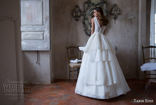 tarik ediz white 2015 safir sleeveless wedding dress tiered ball gown skirt back view