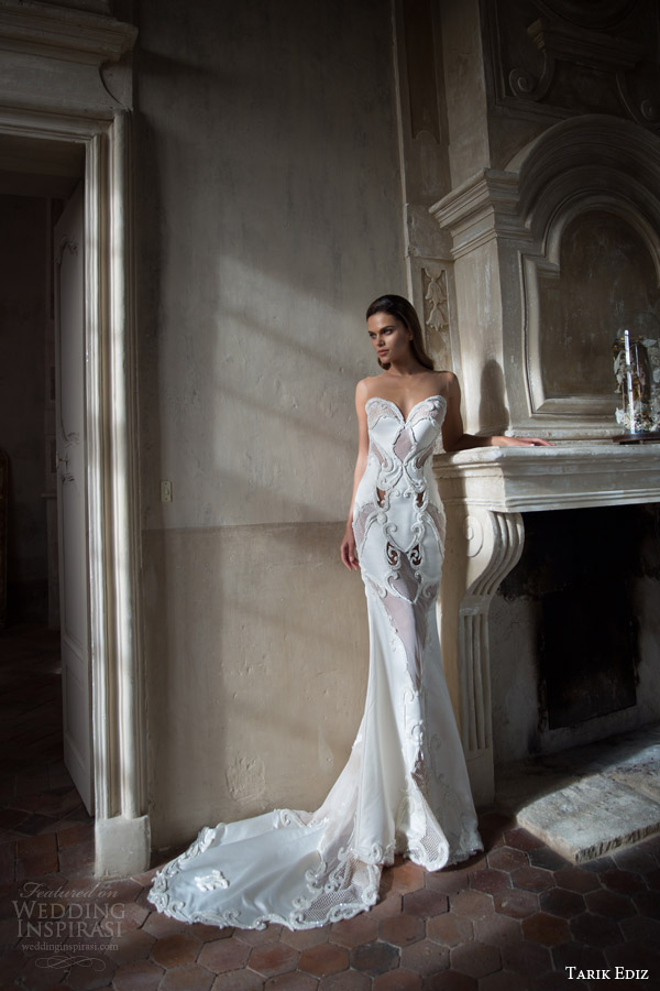 tarik ediz white 2015 swarovski sleeveless illusion neckline sweetheart sheath wedding dress full view