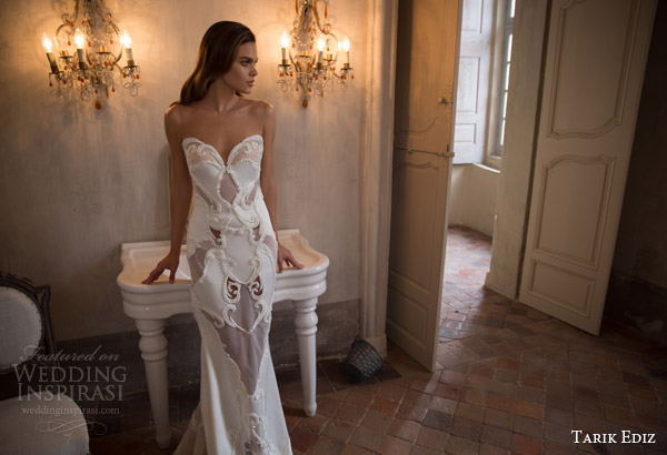 tarik ediz white 2015 swarovski sleeveless illusion neckline sweetheart sheath wedding dress