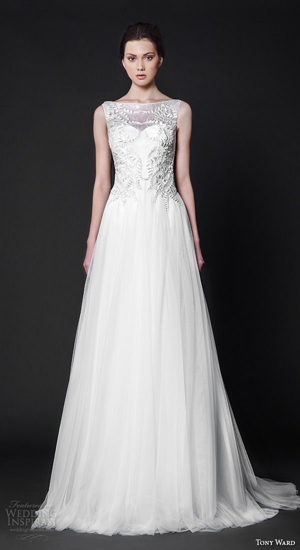 tony ward 2016 bridal bateau neckline sleeveless embroidered bodice modified a line wedding dress eglantine
