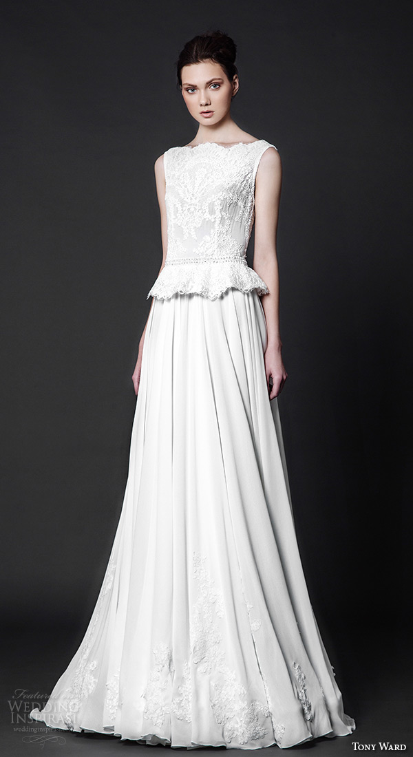 tony ward 2016 bridal bateau neckline sleeveless peplum lace top sheath wedding dress cypress