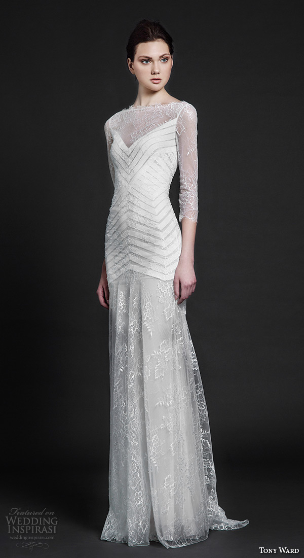 tony ward 2016 bridal bateau neckline three quarter 3 4 sleeves sheath weding dress holly